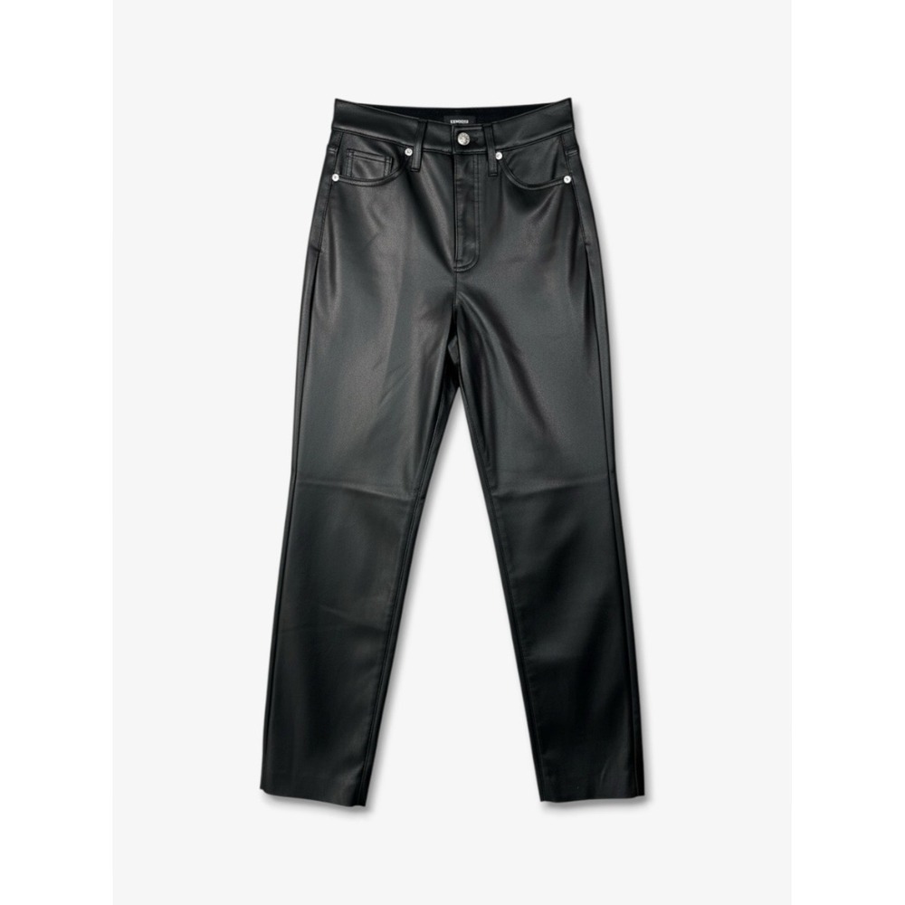 Express Modern Straight Super High Rise Faux Leather Pants Black 0 Short Raw Hem